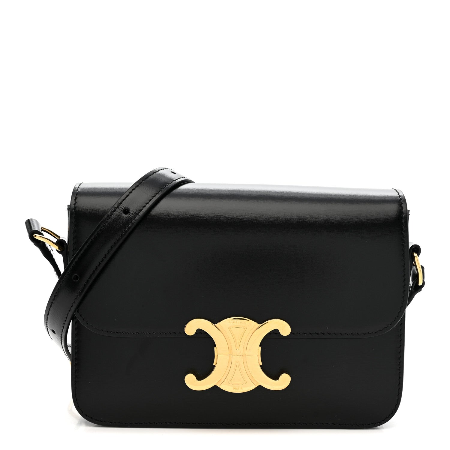 Black shiny leather flap crossbody bag with gold Triomphe logo and short strap.