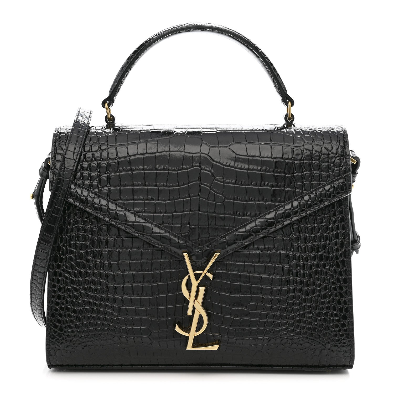 Saint Laurent Cassandra Medium Top Handle Bag Crocodile Embossed Calfskin Black