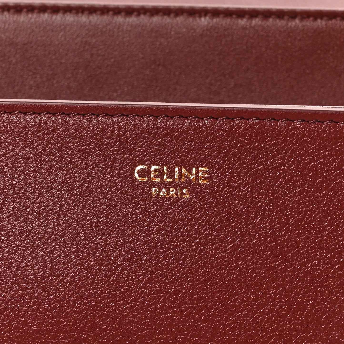 Celine Paris stamped logo on burgundy grained calfskin bag panel