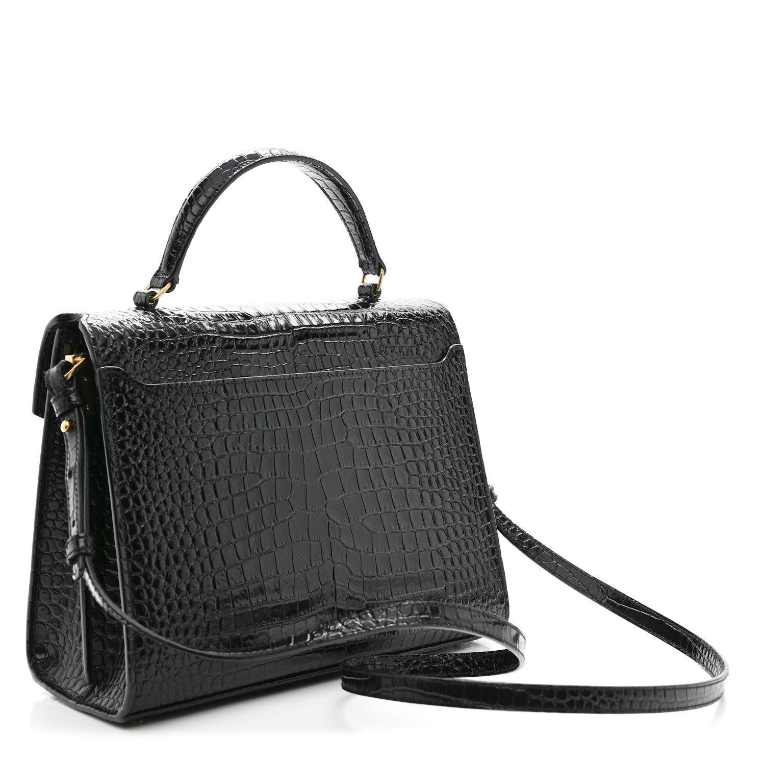 Saint Laurent Cassandra Medium Top Handle Bag Crocodile Embossed Calfskin Black