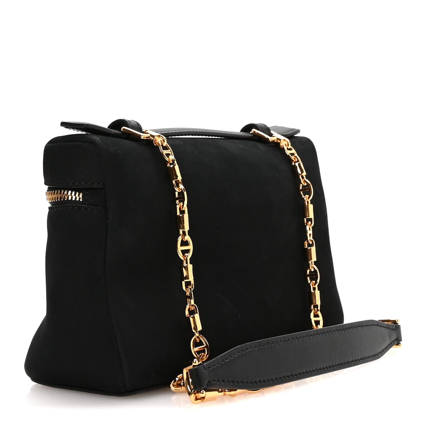 Black nubuck pouch with front zip pocket and gold chain strap