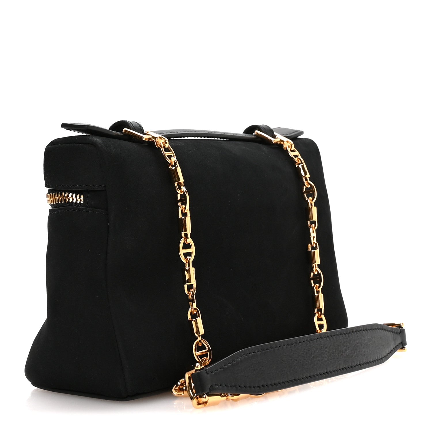 Black nubuck pouch with front zip pocket and gold chain strap