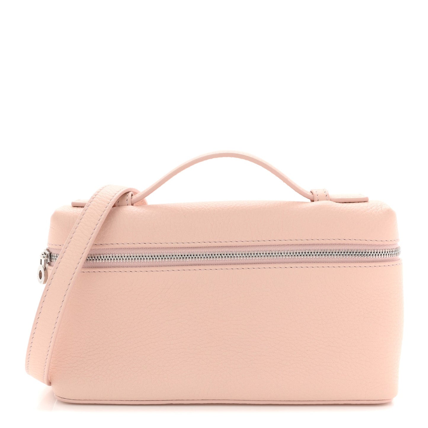 Light pink grained leather pouch with top handle and front zipper