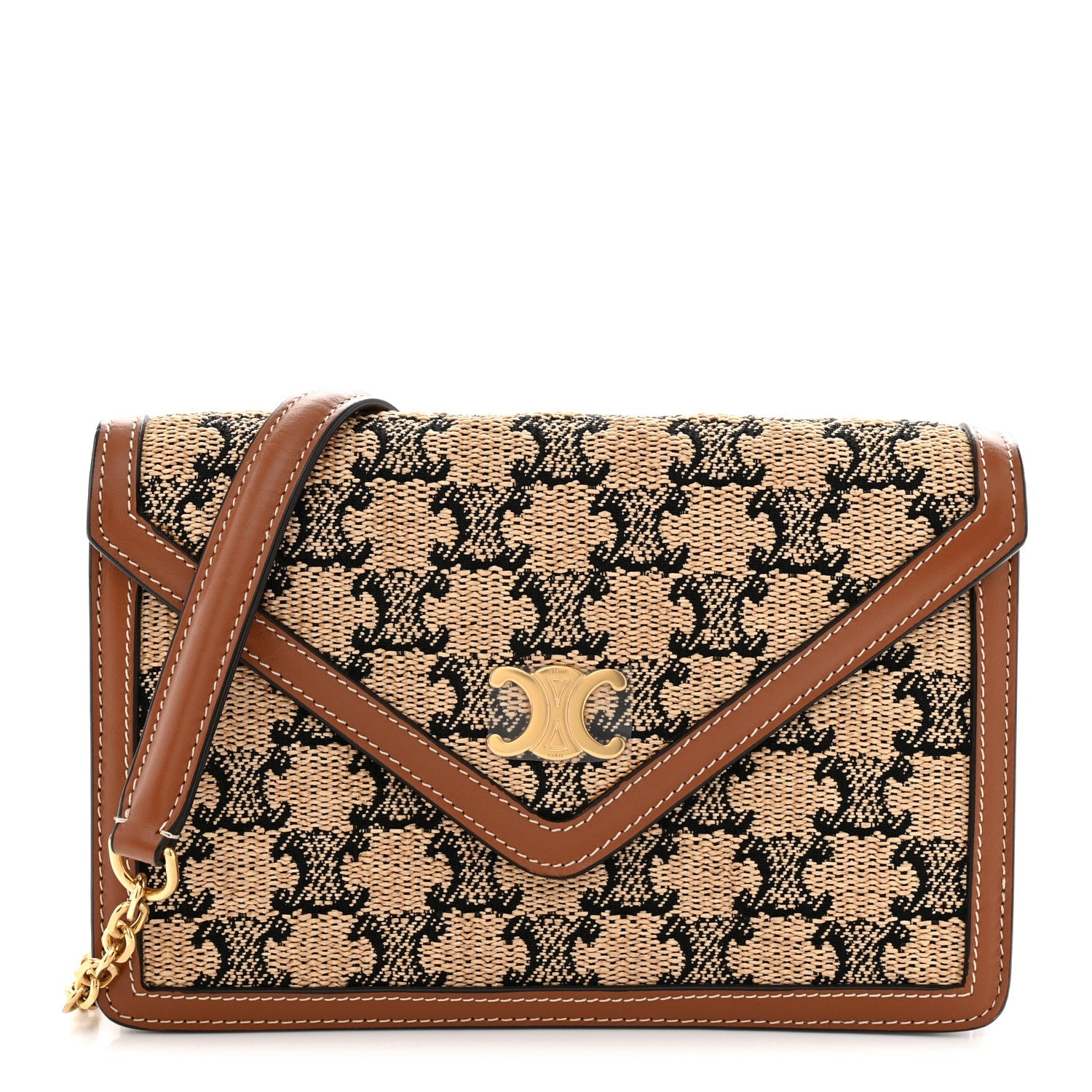 Tan and black jacquard Triomphe wallet on chain with brown leather edges