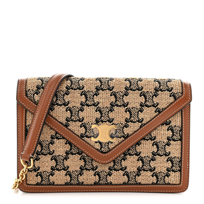 Tan and black jacquard Triomphe wallet on chain with brown leather edges