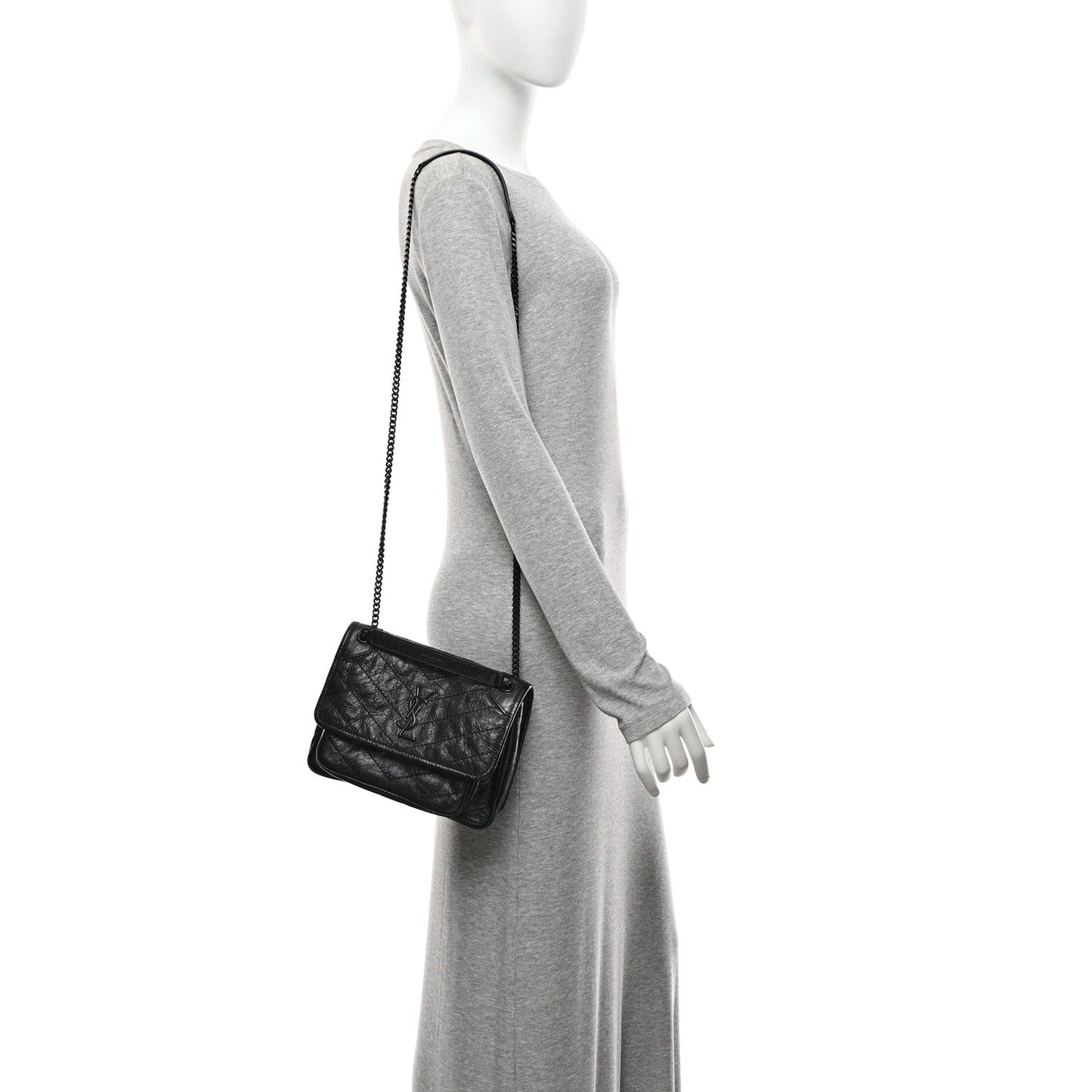 Saint Laurent Crinkled Calfskin Matelasse Monogram Baby Niki Chain Satchel Black