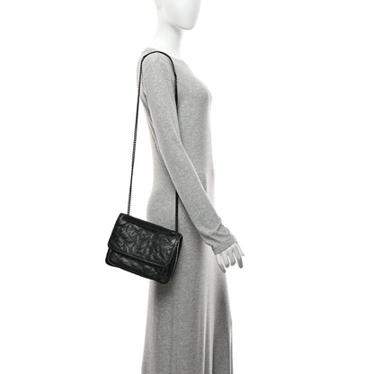 Saint Laurent Crinkled Calfskin Matelasse Monogram Baby Niki Chain Satchel Black