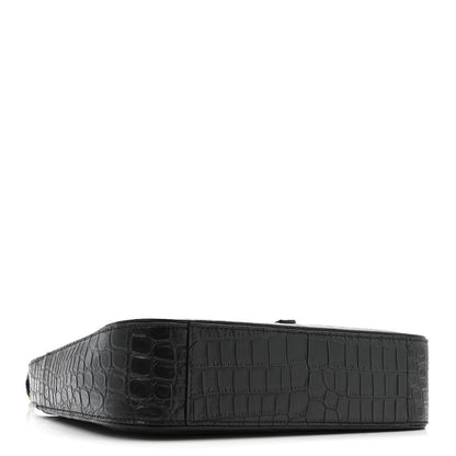 Saint Laurent Calfskin Crocodile Embossed Le 5 A 7 Hobo Bag Black