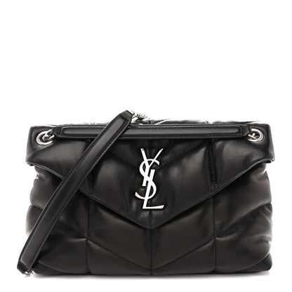 Saint Laurent Lambskin Quilted Small Loulou Puffer Monogram Chain Satchel Black