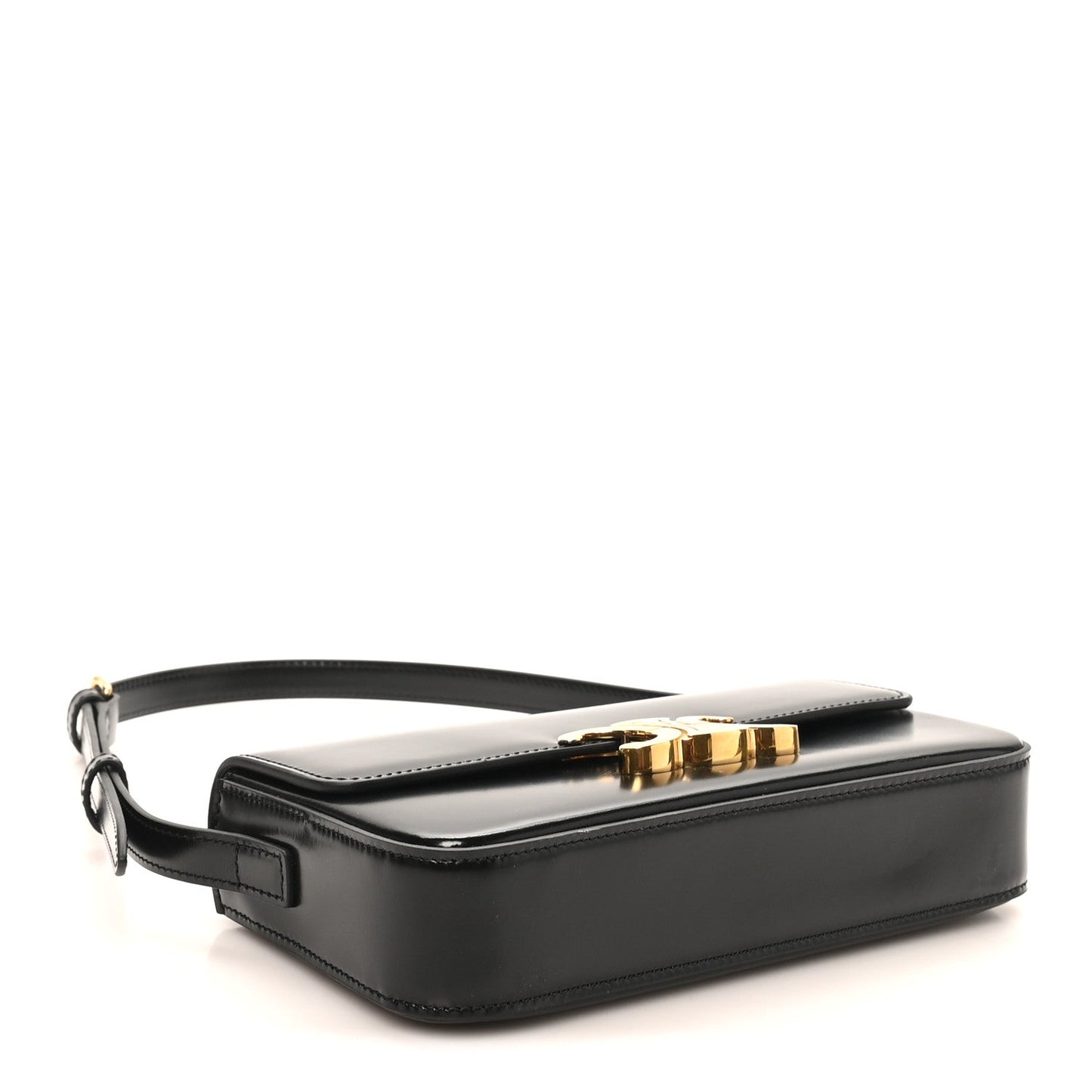 Shiny black calfskin shoulder bag with glossy finish, gold hardware and leather strap
