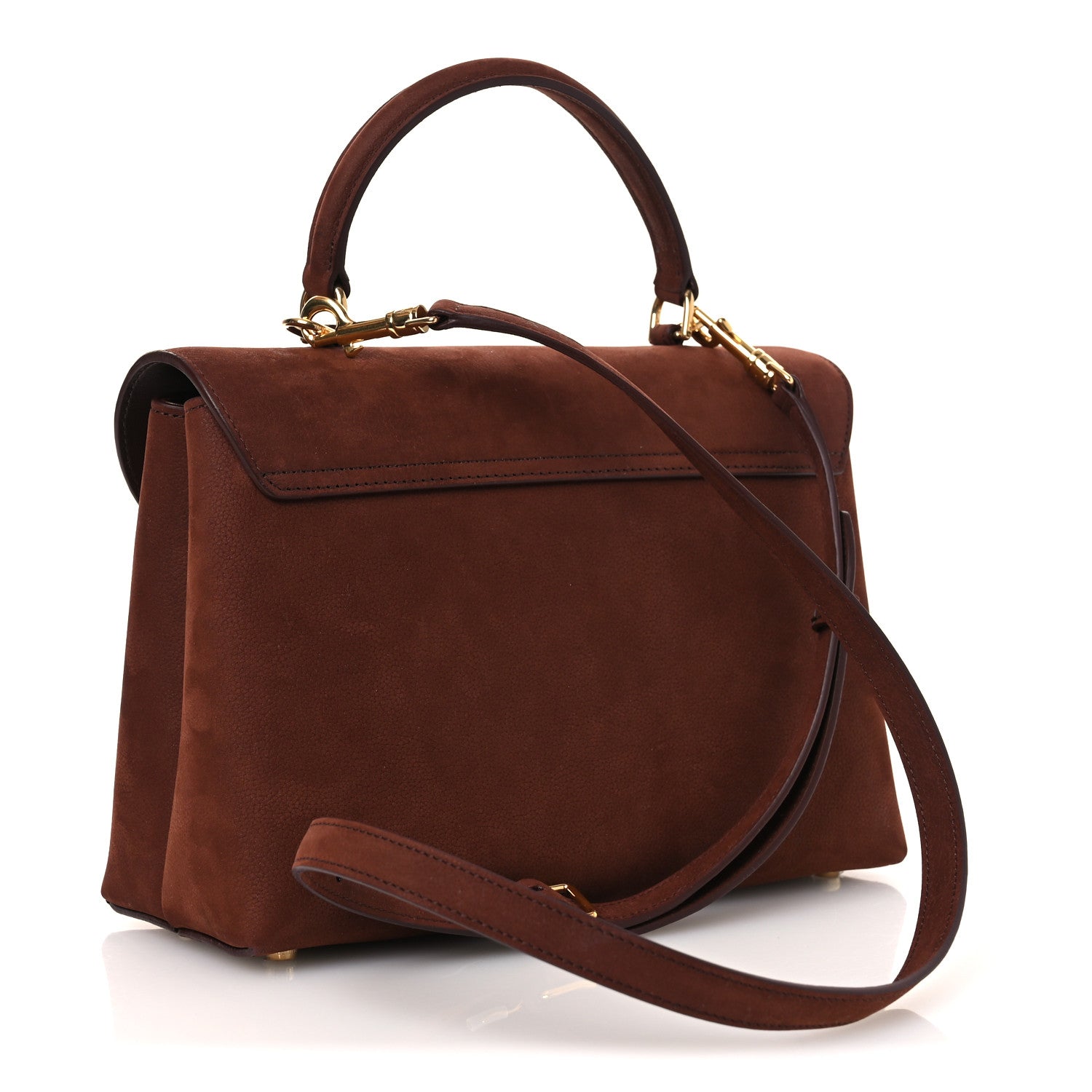 Chestnut brown leather satchel with curved top handle and crossbody strap.