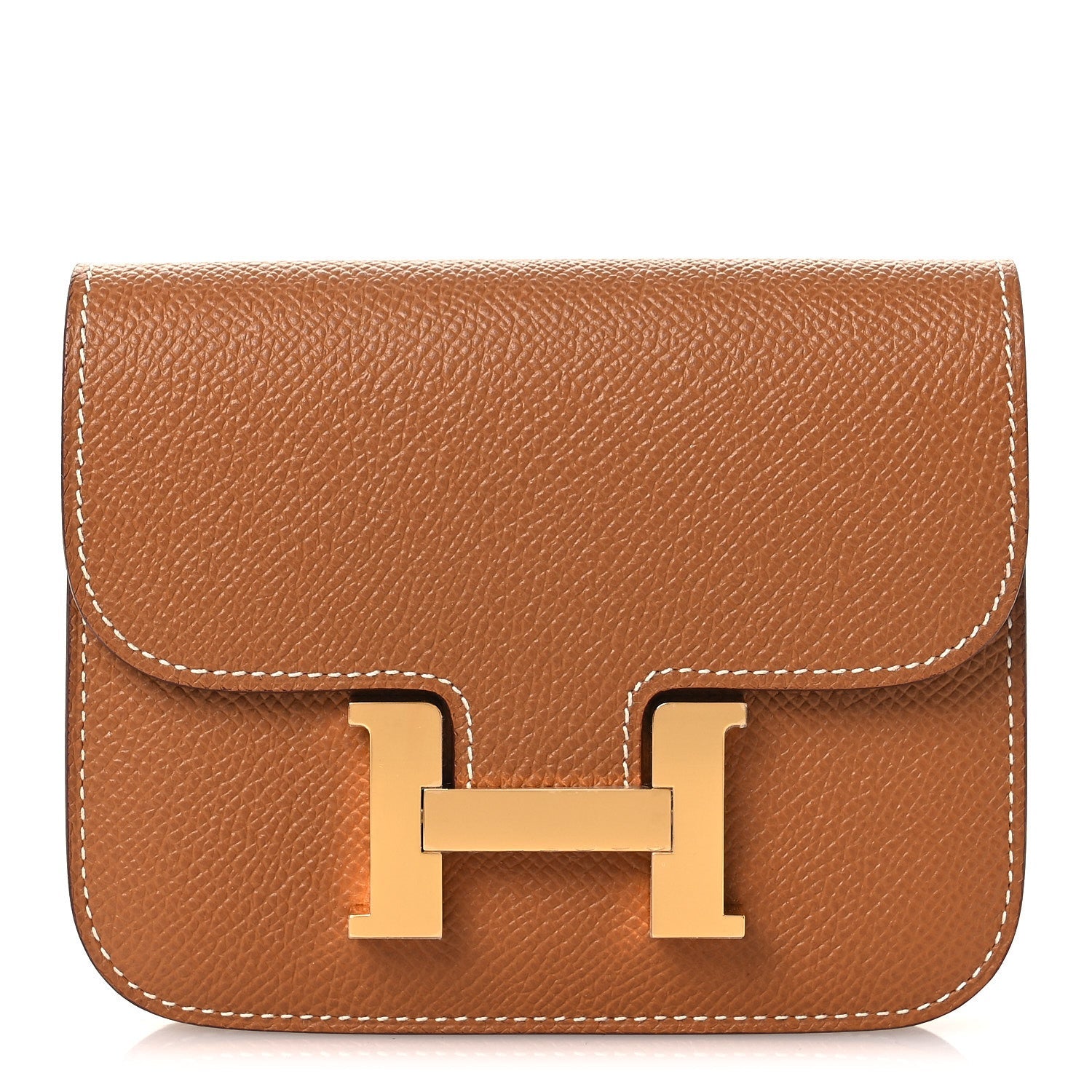 Constance slim wallet in textured tan leather with gold-tone H clasp and flap