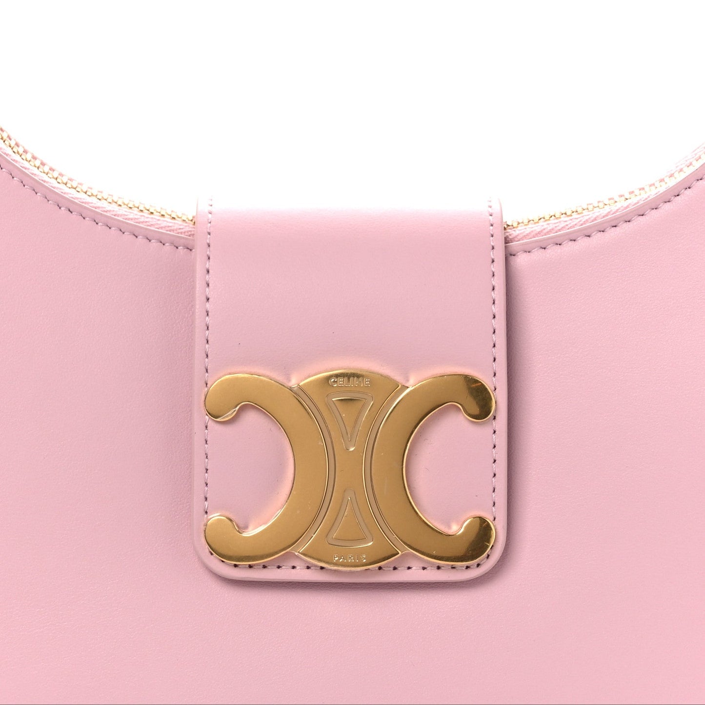 Celine smooth calfskin Ava bag front with gold-tone C logo plaque on pastel pink