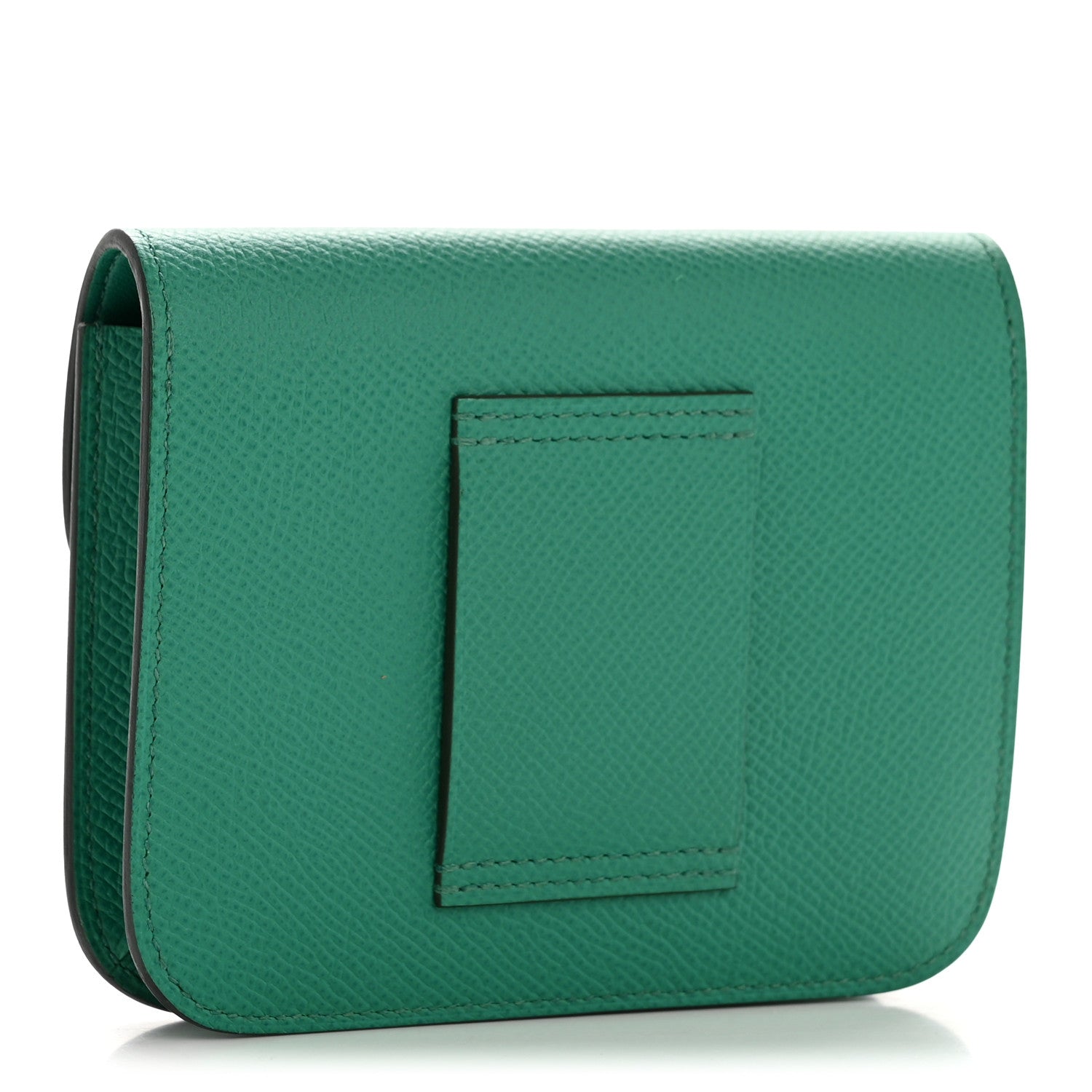 Green slim wallet back with stitched square panel, textured leather