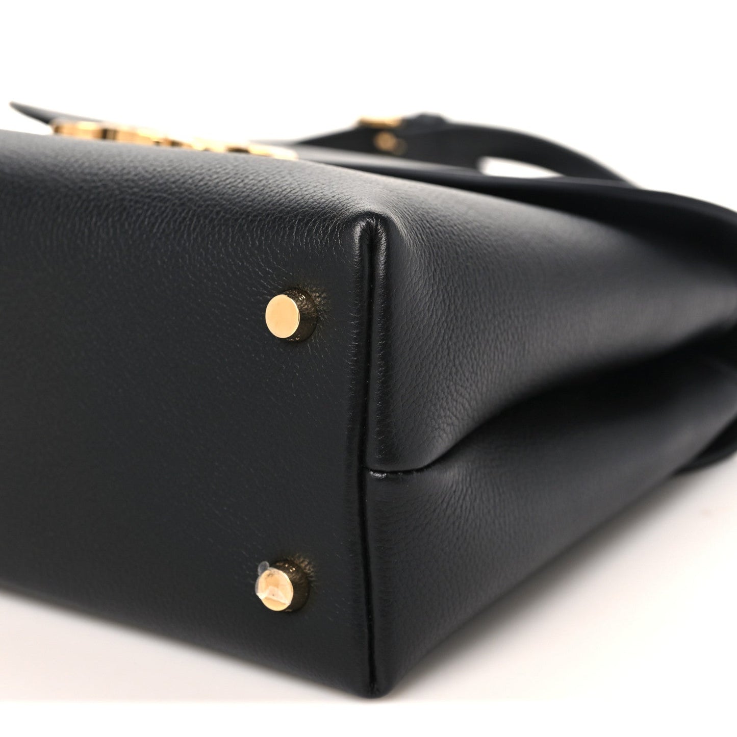 Black Celine medium shoulder bag end view with gold-tone studs on leather