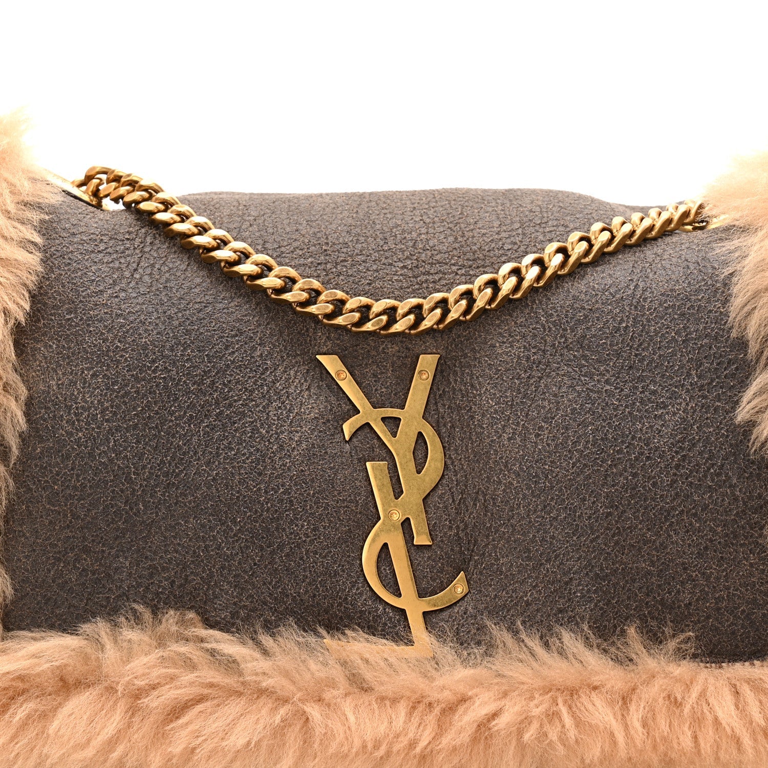 Saint Laurent Shearling Calfskin Small Reversible Monogram Kate Satchel Ecru Dark Brown