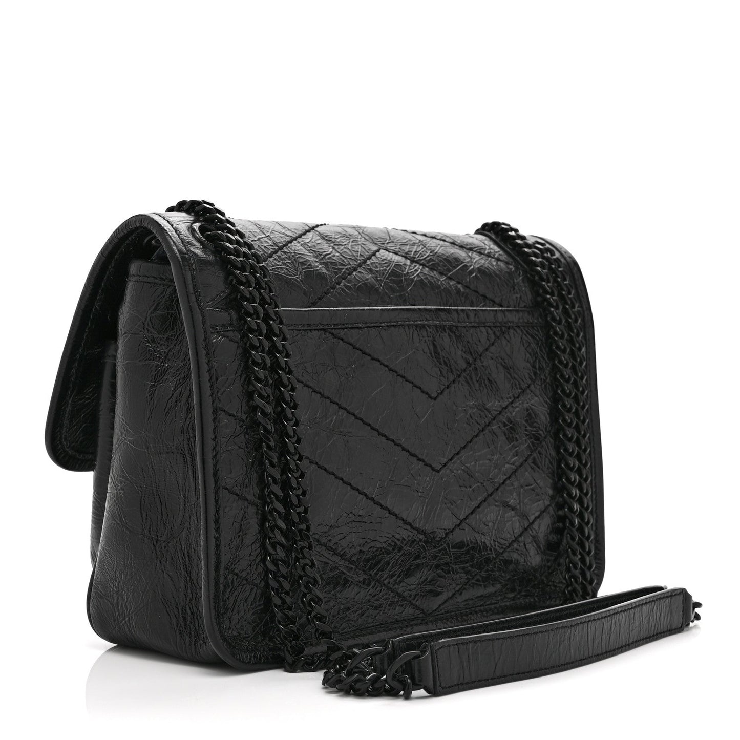 Saint Laurent Crinkled Calfskin Matelasse Monogram Baby Niki Chain Satchel Black
