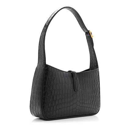 Saint Laurent Calfskin Crocodile Embossed Le 5 A 7 Hobo Bag Black