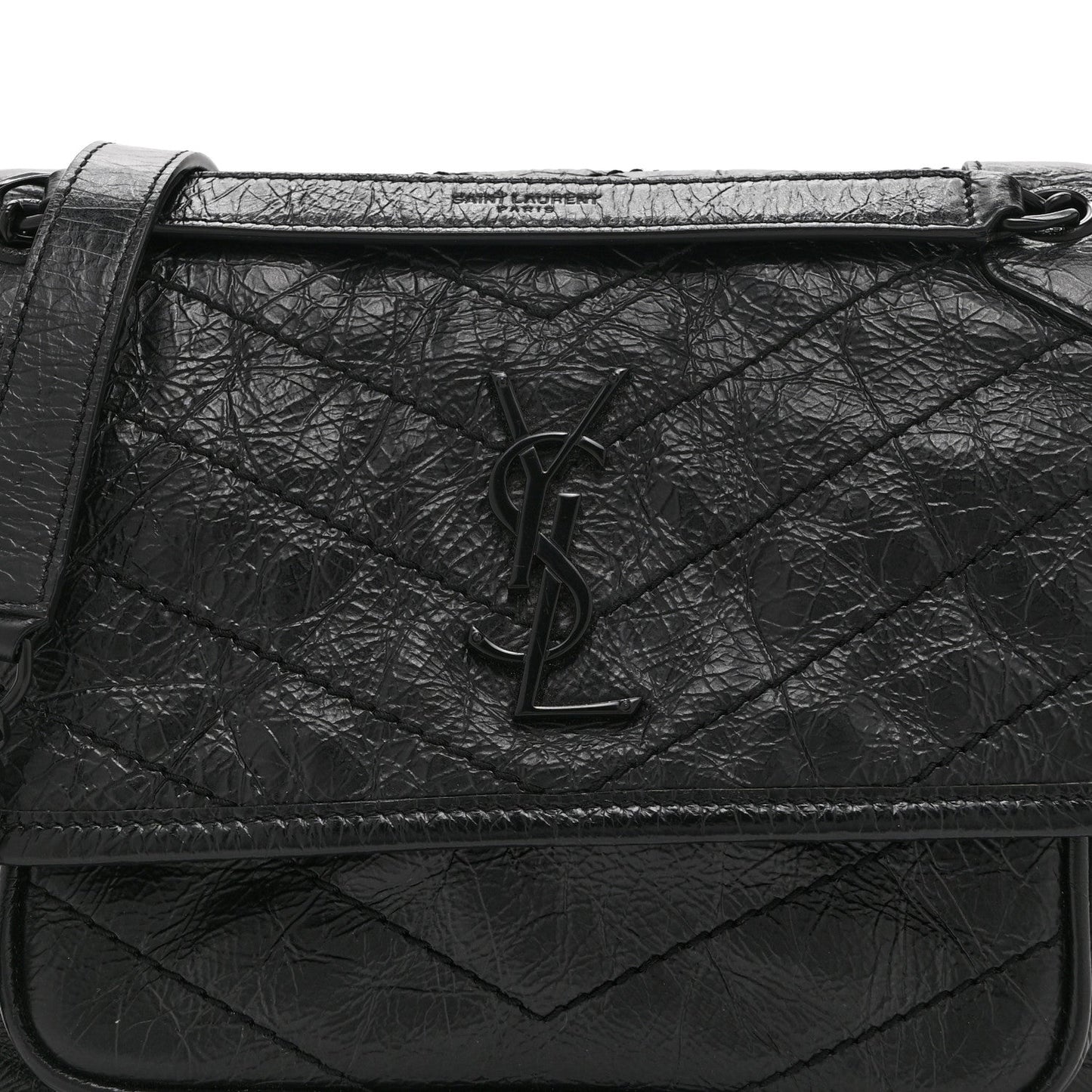 Saint Laurent Crinkled Calfskin Matelasse Monogram Baby Niki Chain Satchel Black