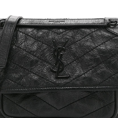 Saint Laurent Crinkled Calfskin Matelasse Monogram Baby Niki Chain Satchel Black