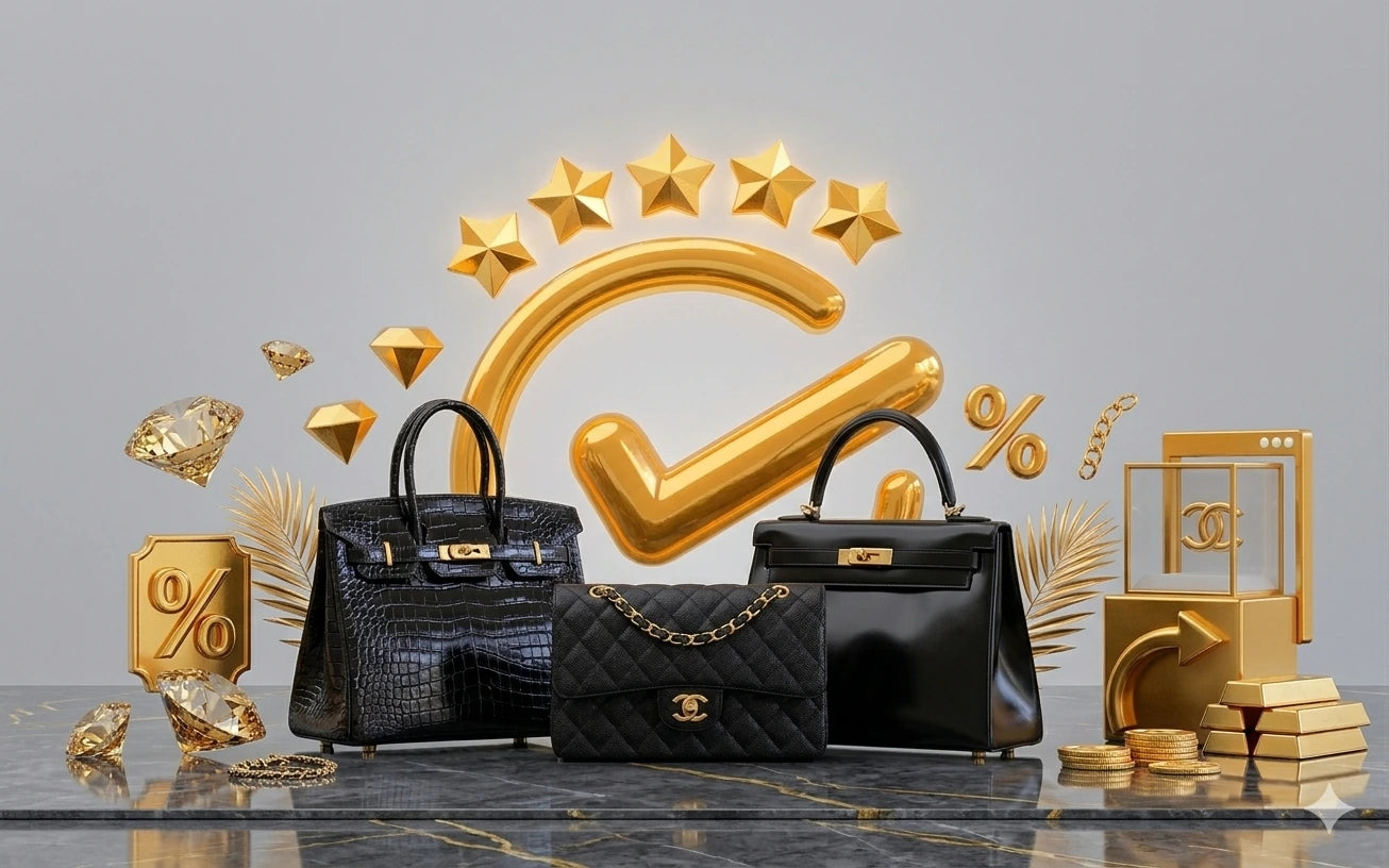 Black handbags with gold accents on a gray background with decorative elements.