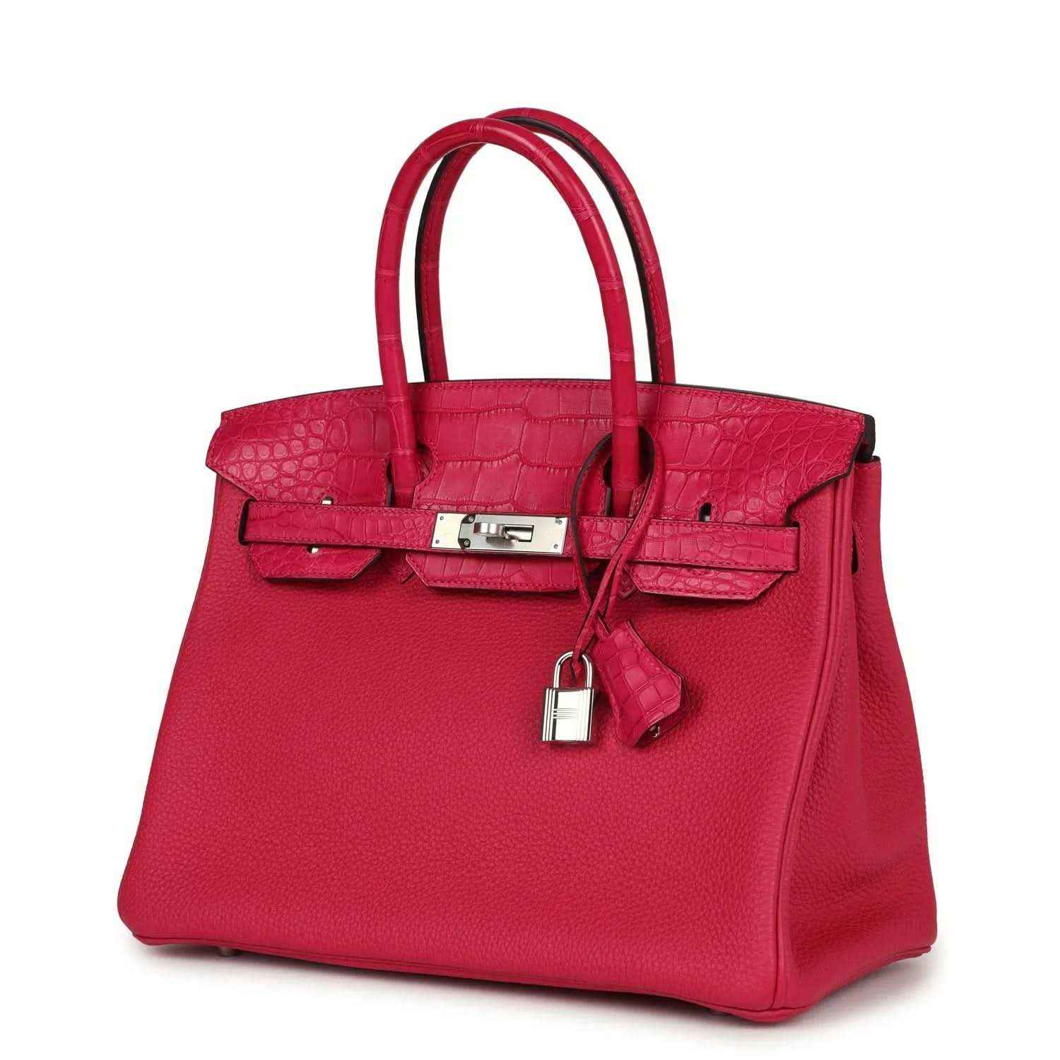 Elegant red leather handbag with crocodile texture and silver hardware, timeless and sophisticated