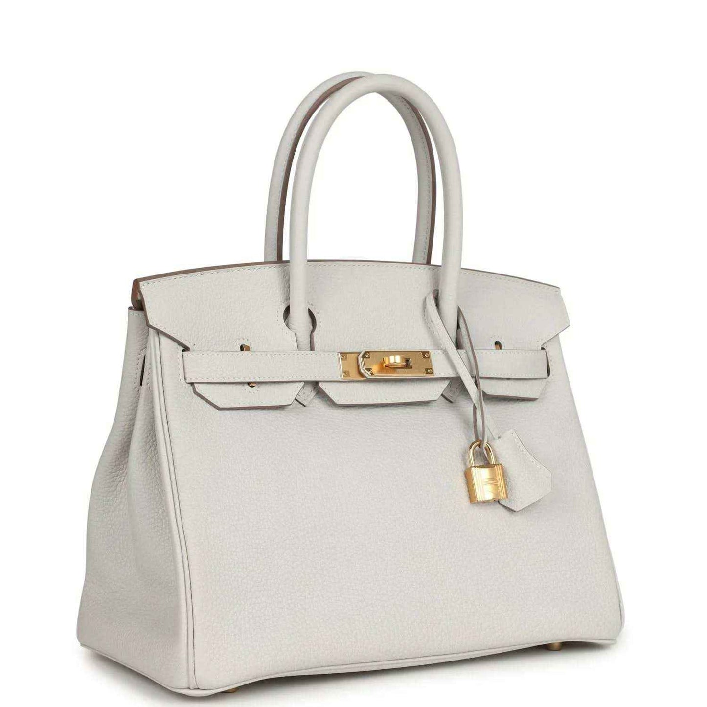 Elegant white leather handbag with gold hardware and lock, timeless and sophisticated style