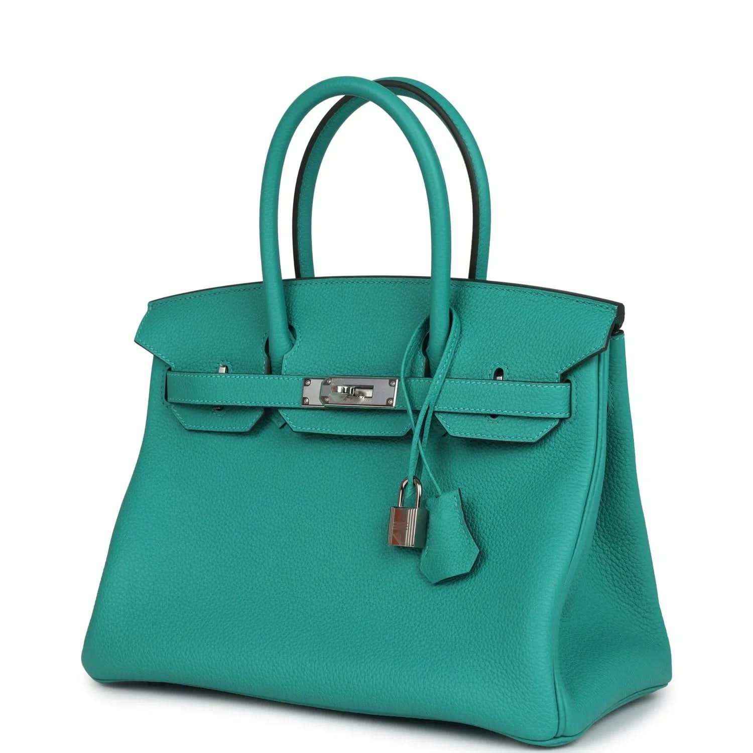 Green Togo leather Birkin with top handles, front clasp, and hanging padlock