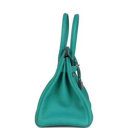 Green Togo leather Birkin side view with top handles and lock charm