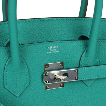 Green Togo leather Birkin interior label and turn-lock plate detail