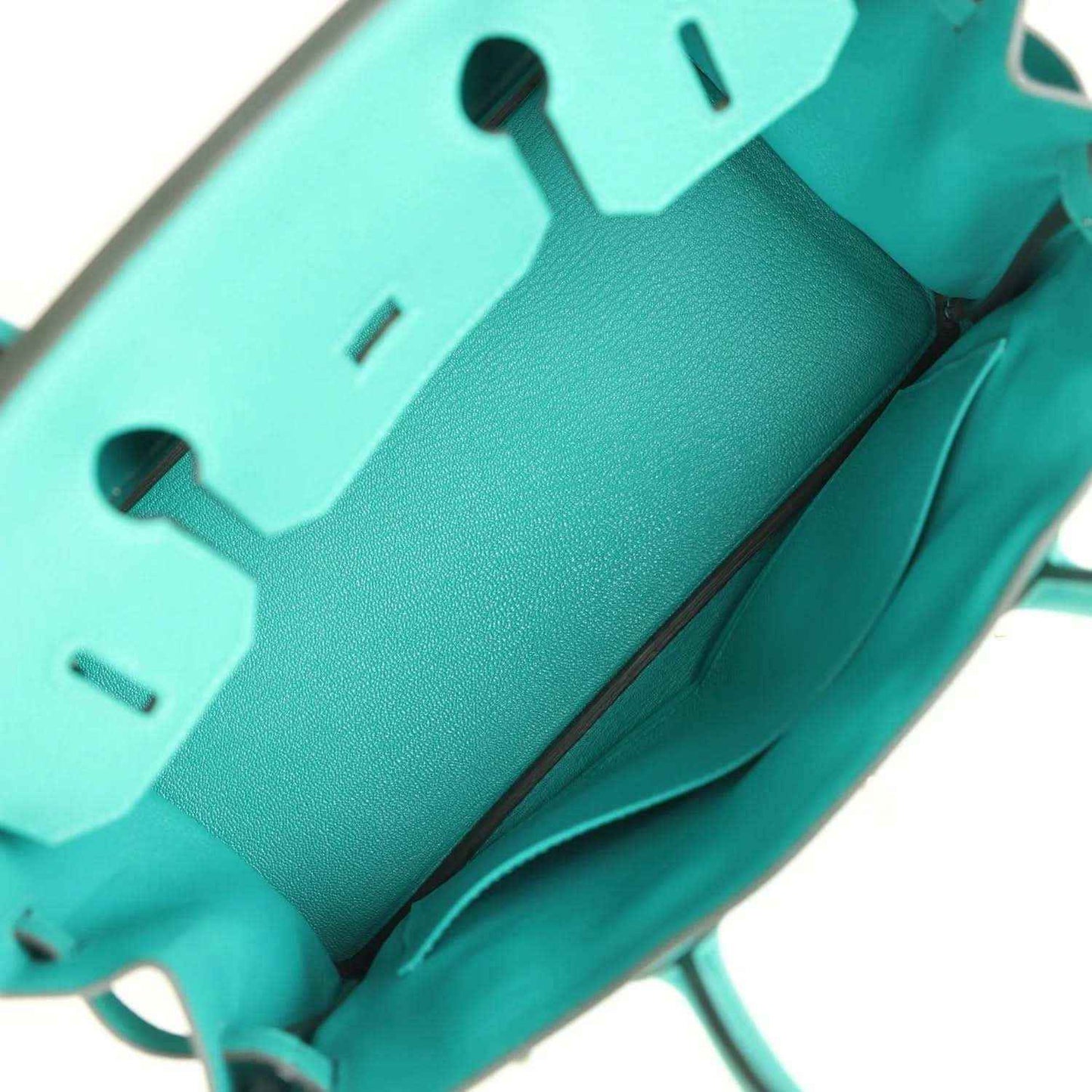 Green Togo leather Birkin interior seam and strap hardware detail
