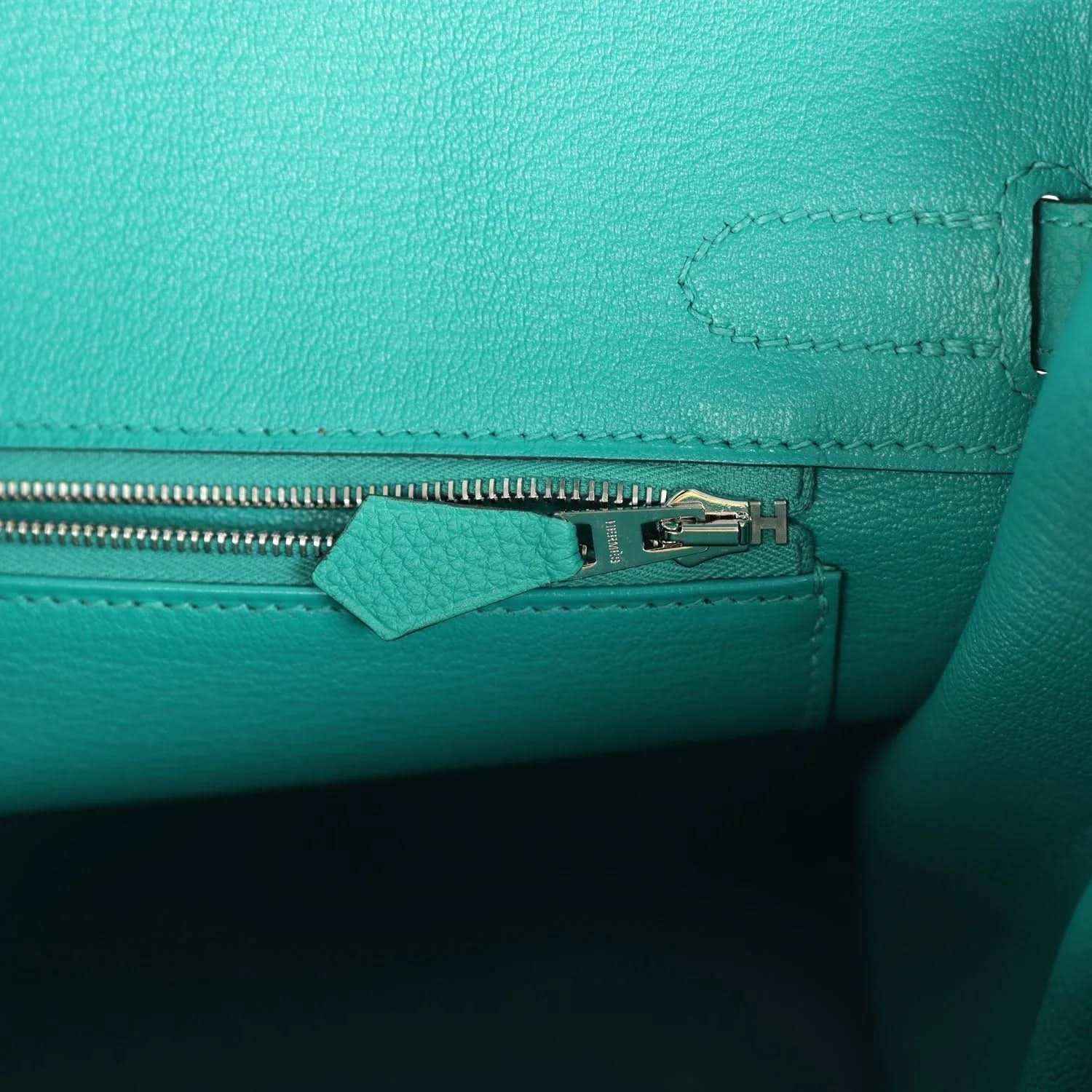 Green Togo leather Birkin close-up of zipper pull and stitching