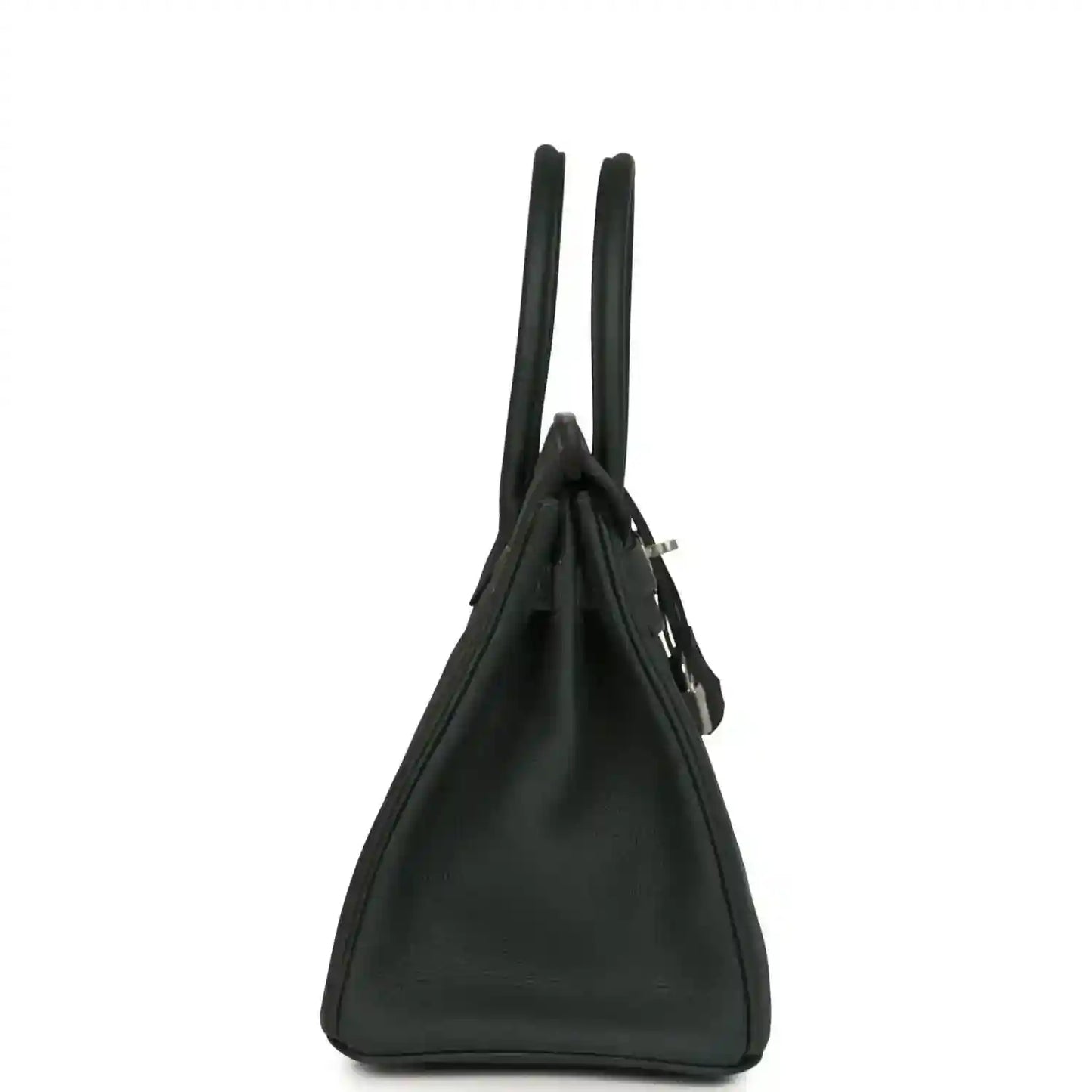 Elegant black leather handbag with a timeless, sophisticated side profile
