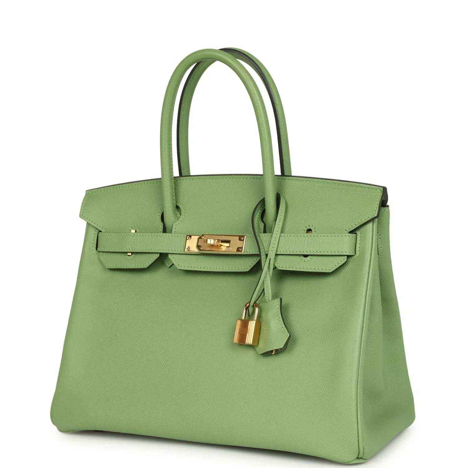 Elegant sage green leather handbag with gold hardware, timeless and sophisticated design.