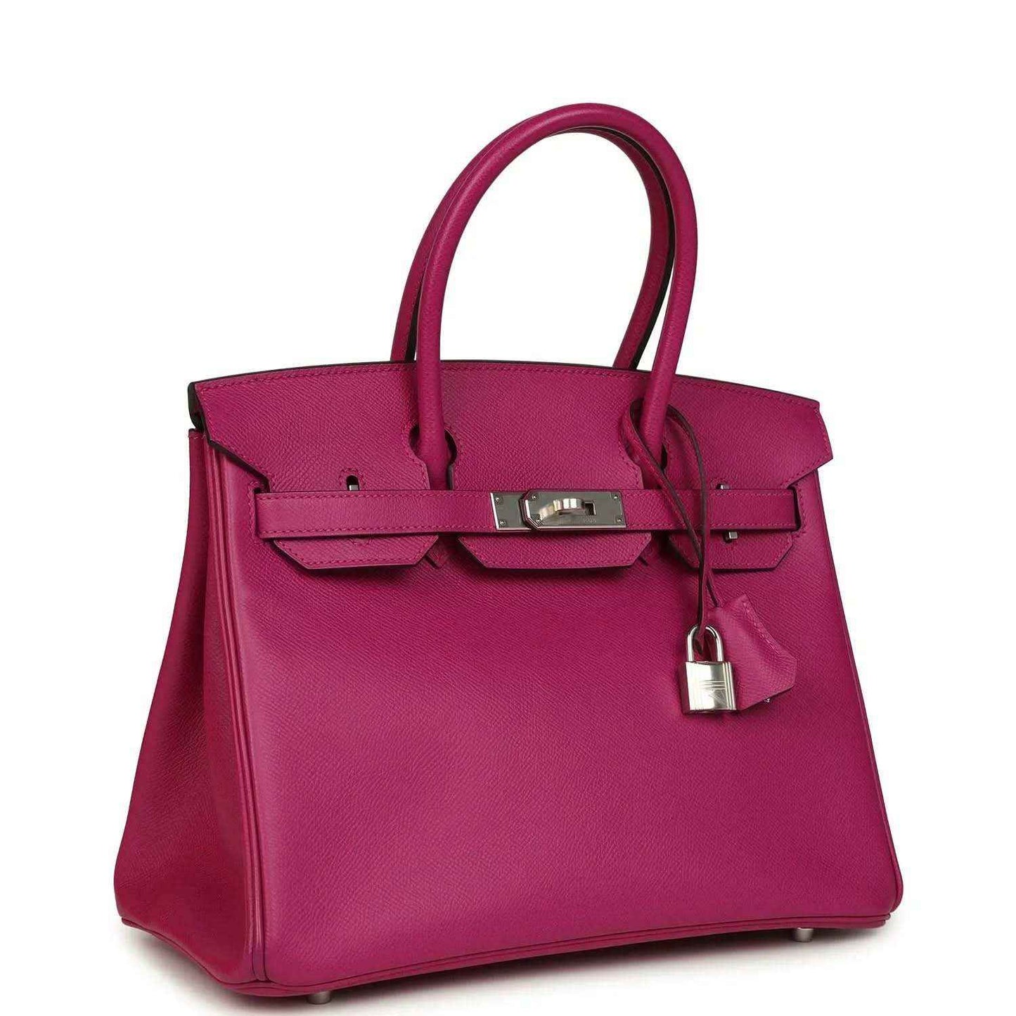 Elegant magenta leather handbag with silver hardware, timeless and sophisticated design.