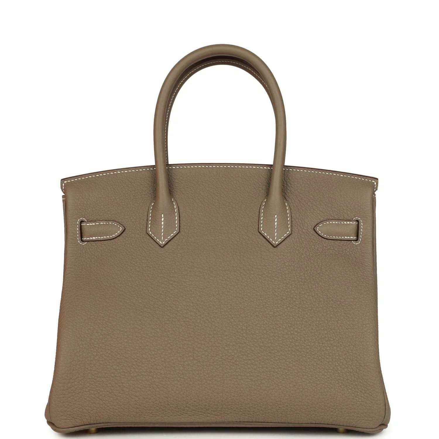 Timeless taupe leather handbag with elegant top handles and sophisticated stitching detail