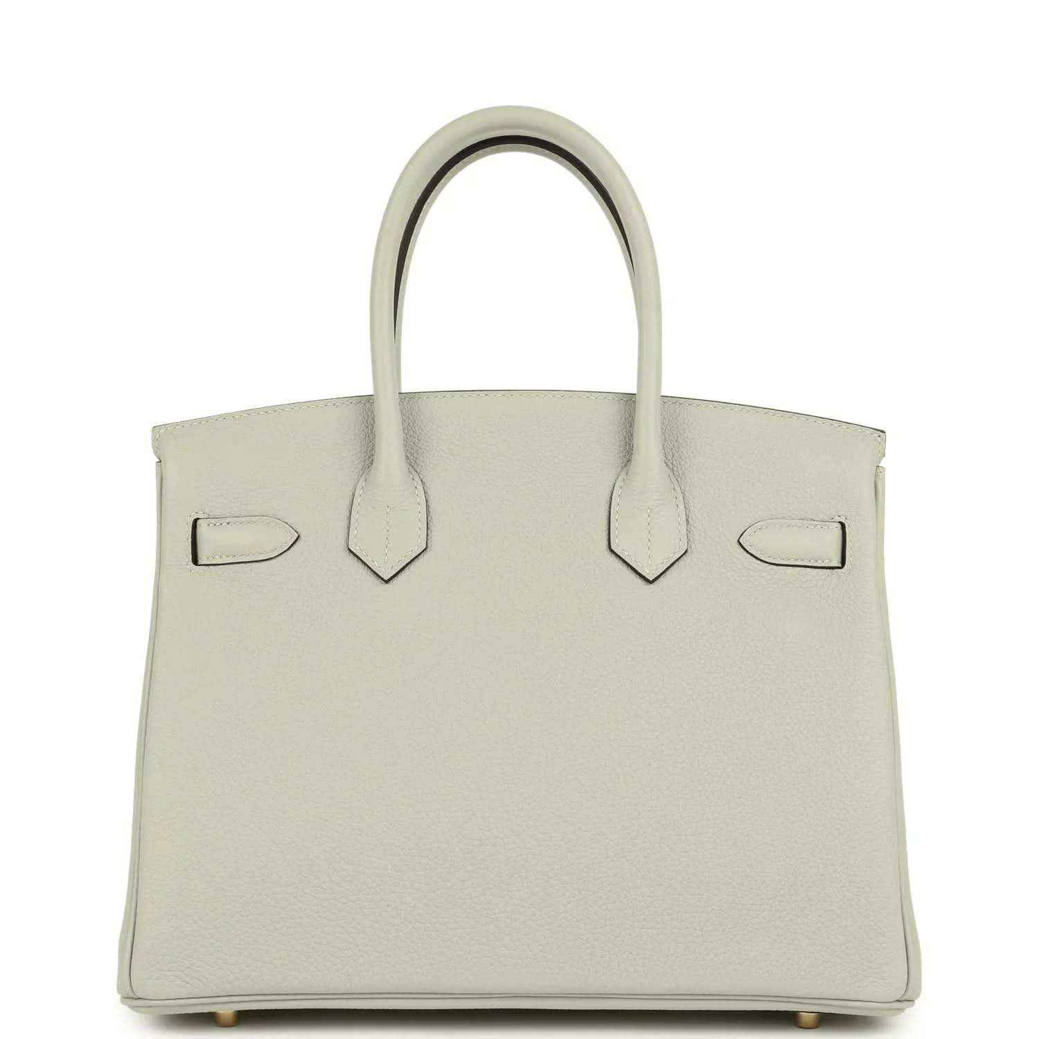 Elegant light grey leather handbag with top handles, timeless and sophisticated design.