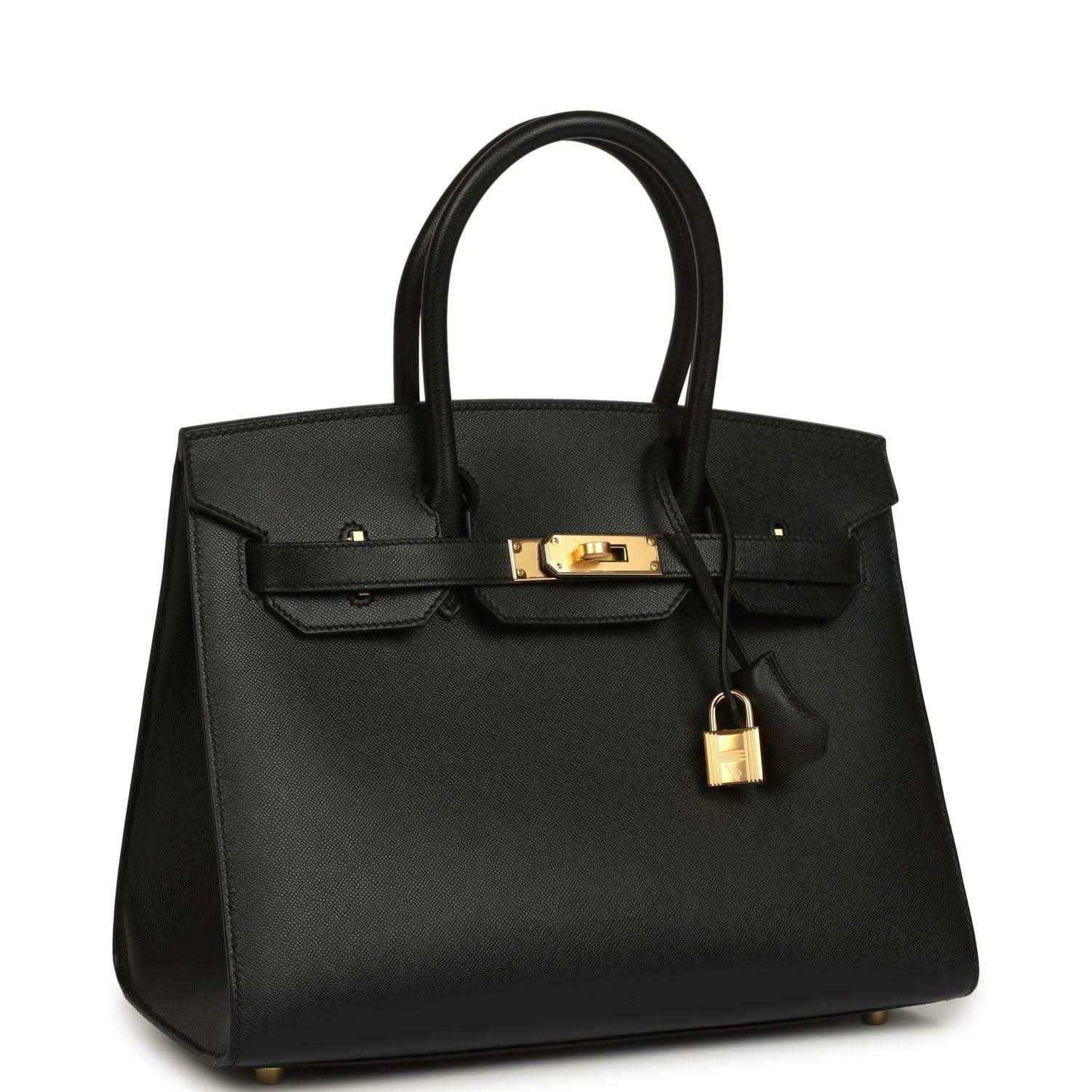 Hermes Birkin handbag in black leather with gold front lock and two handles