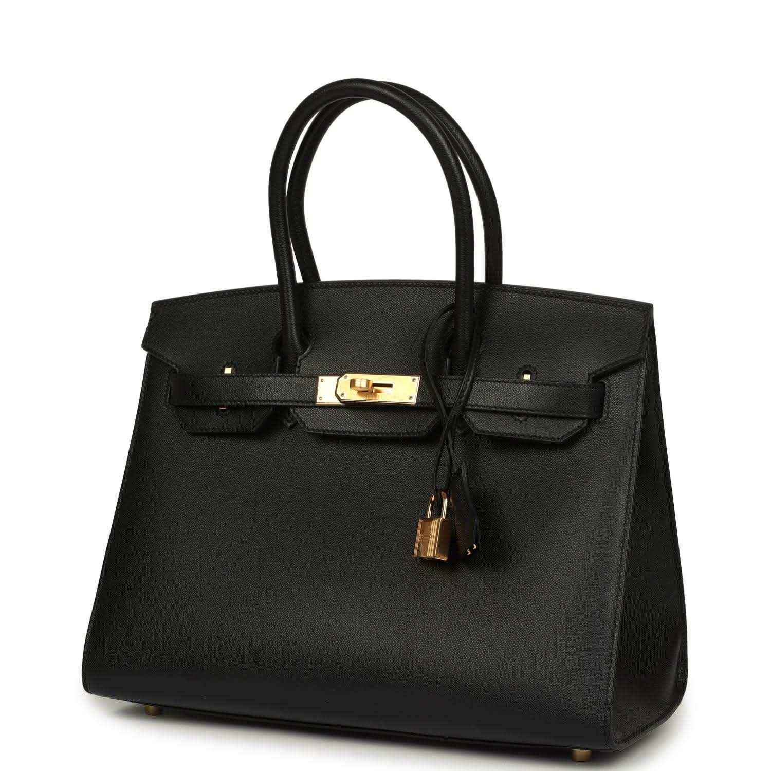 Birkin handbag front view in black leather with gold bar lock and hanging key lock