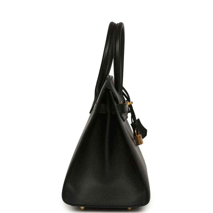 Birkin handbag side view in black leather with dual handles and gold-tone hardware