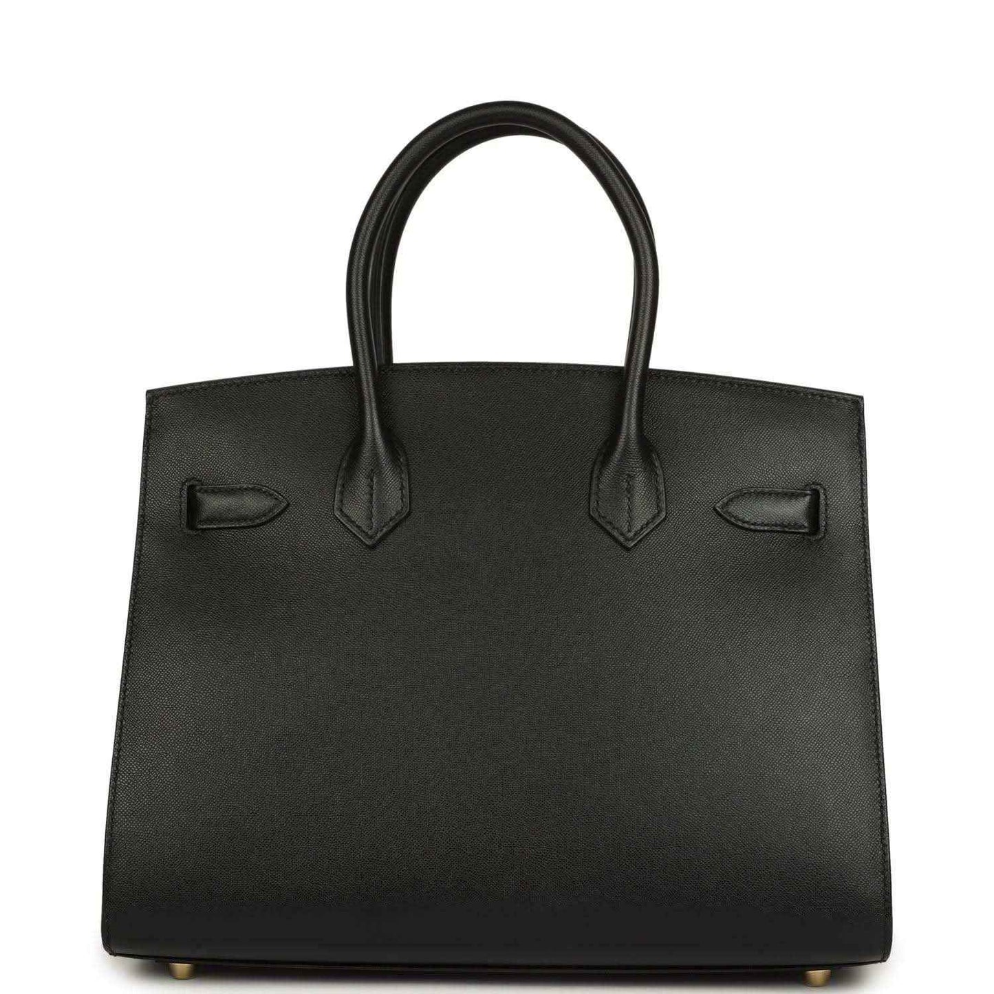 Birkin handbag front panel in black leather with strap details and gold-tone feet