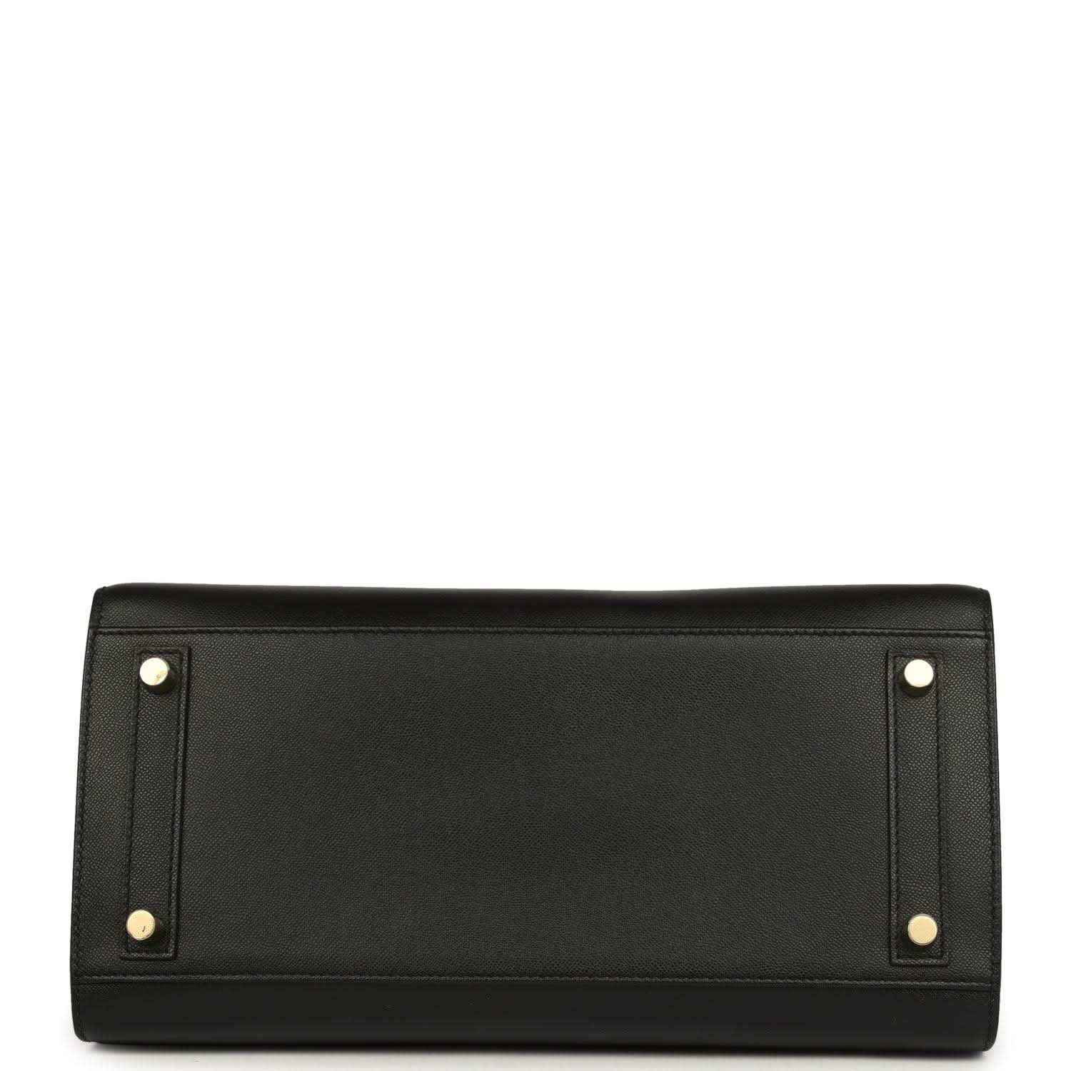 Birkin handbag back panel in black leather with two gold studs and reinforced seams