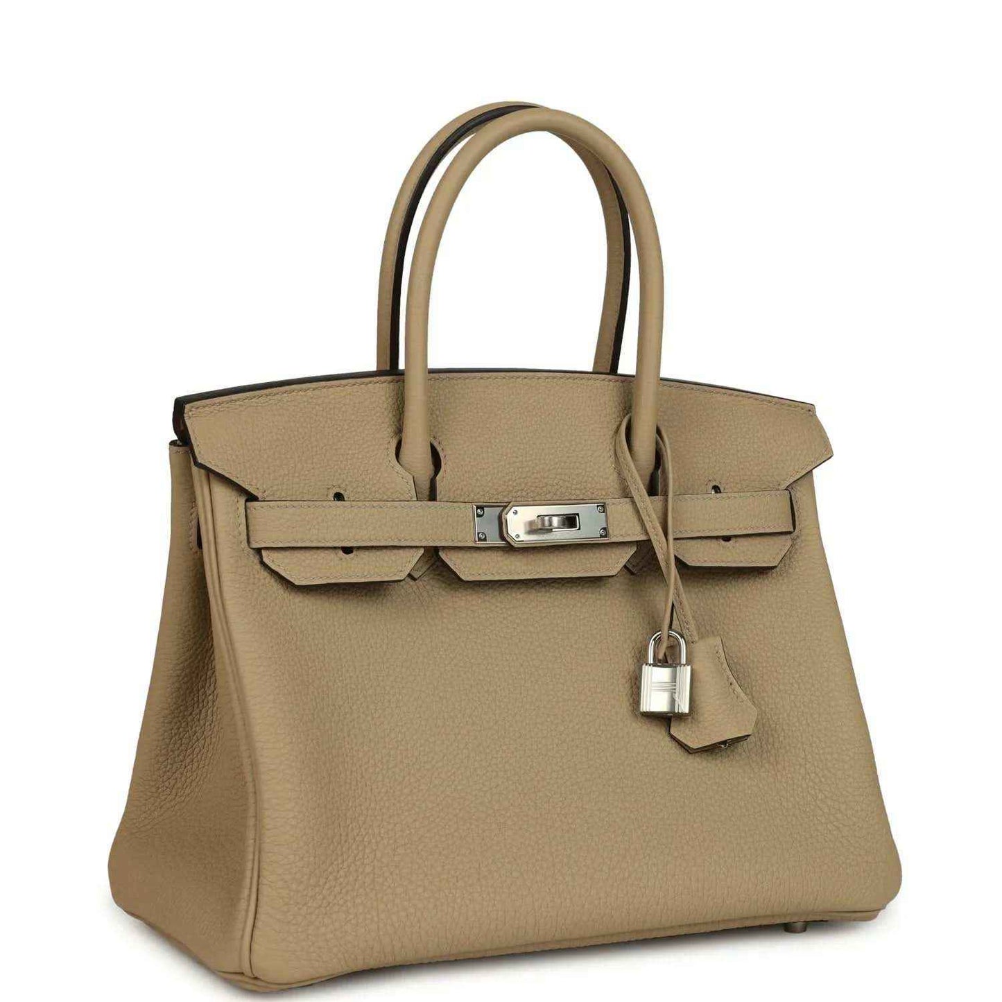 Timeless taupe leather handbag with silver hardware and elegant structured silhouette.