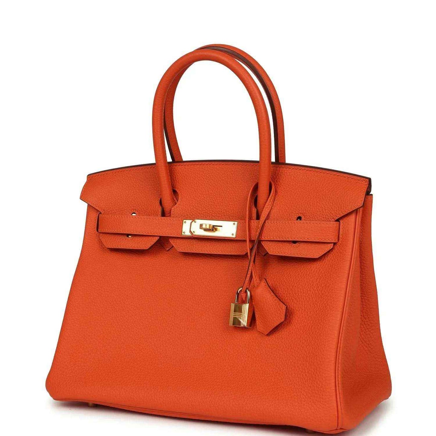 Timeless orange leather handbag with elegant gold hardware and sophisticated finish.