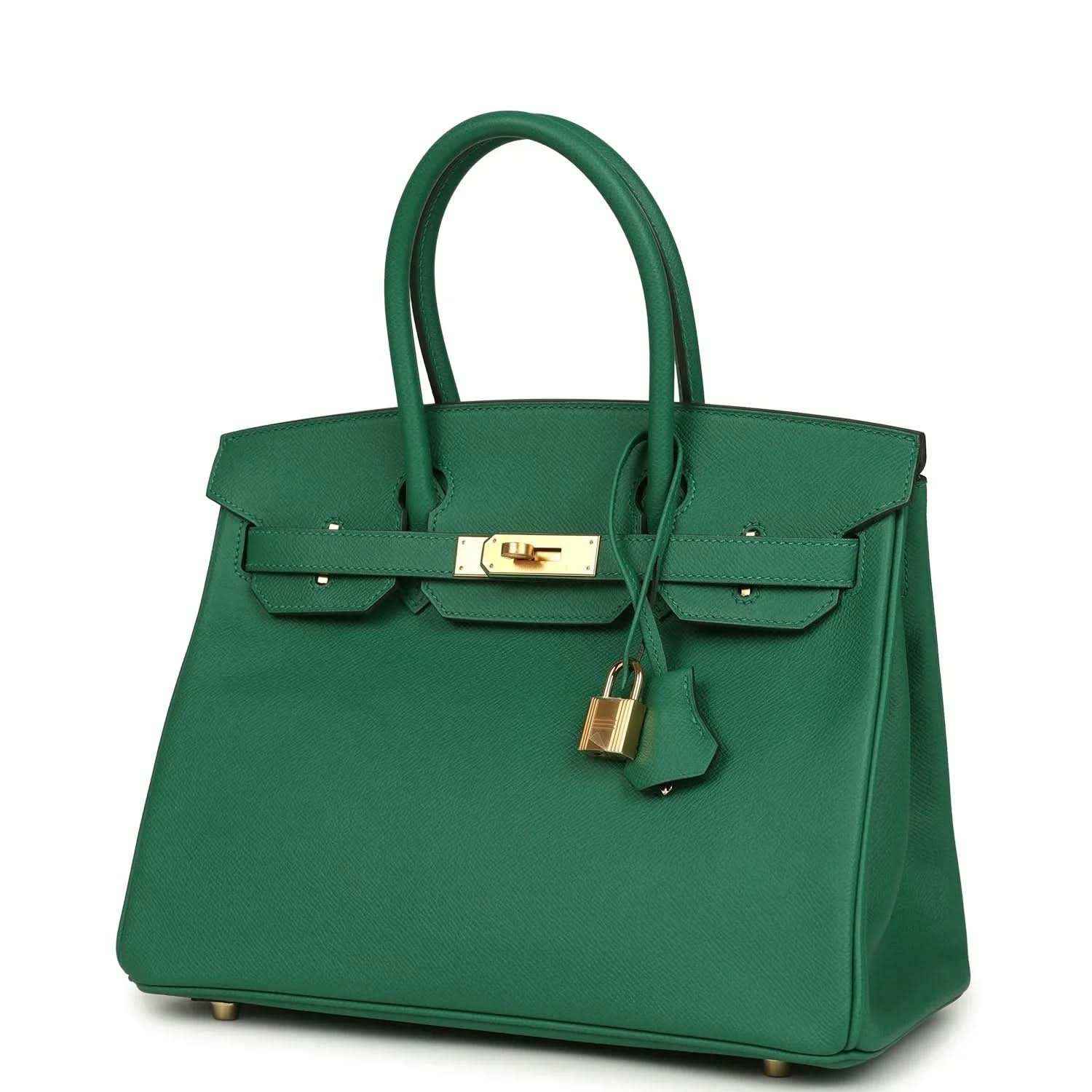 Green leather handbag with front flap closure, lock charm, and gold-tone hardware