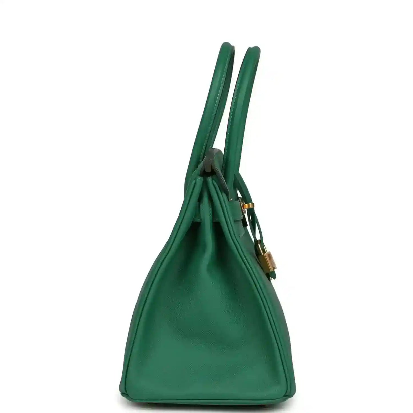 Green leather handbag with single top handle and gold-tone lock detail