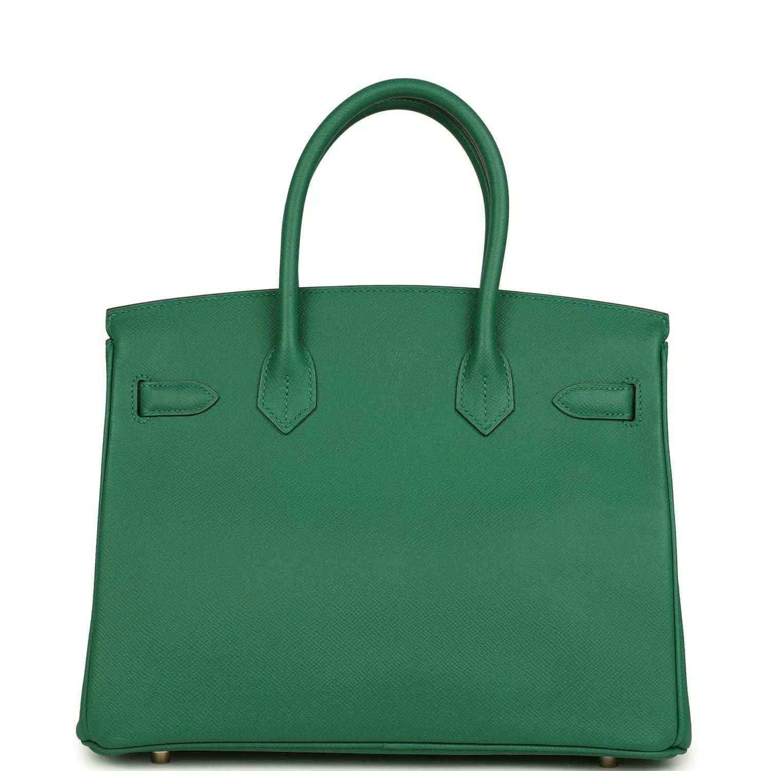 Green leather handbag with structured silhouette, top handles, and front flap panels