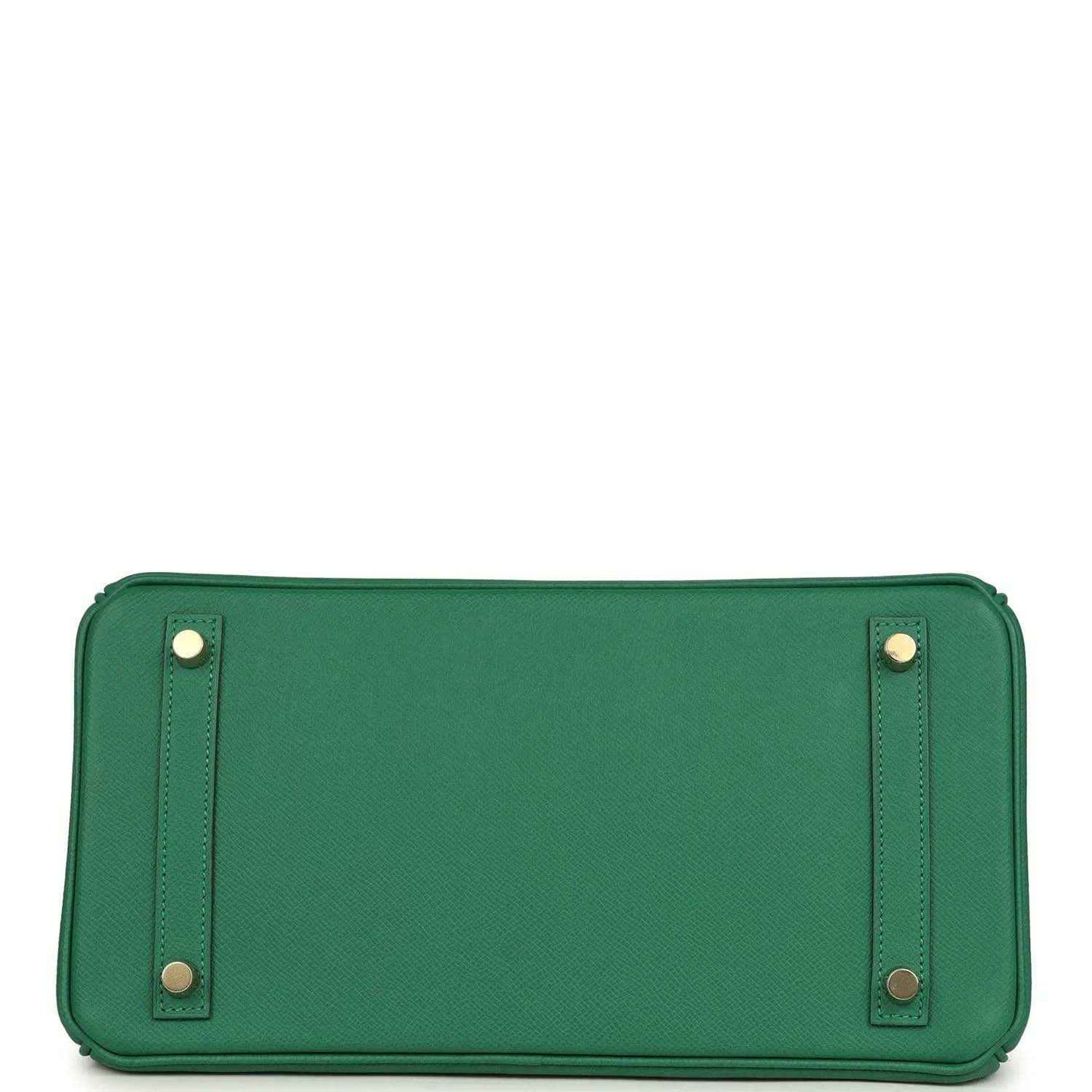 Green leather handbag with rectangular shape, top handles, and corner hardware accents