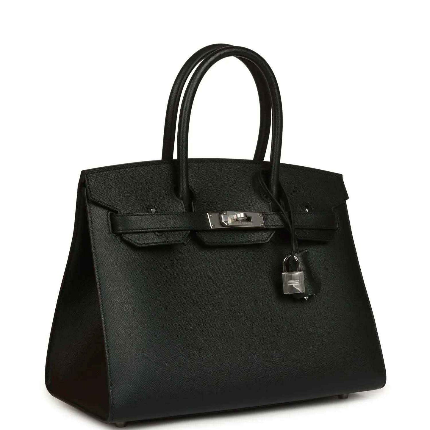 Black leather handbag with top handles, front flap, and palladium lock hardware