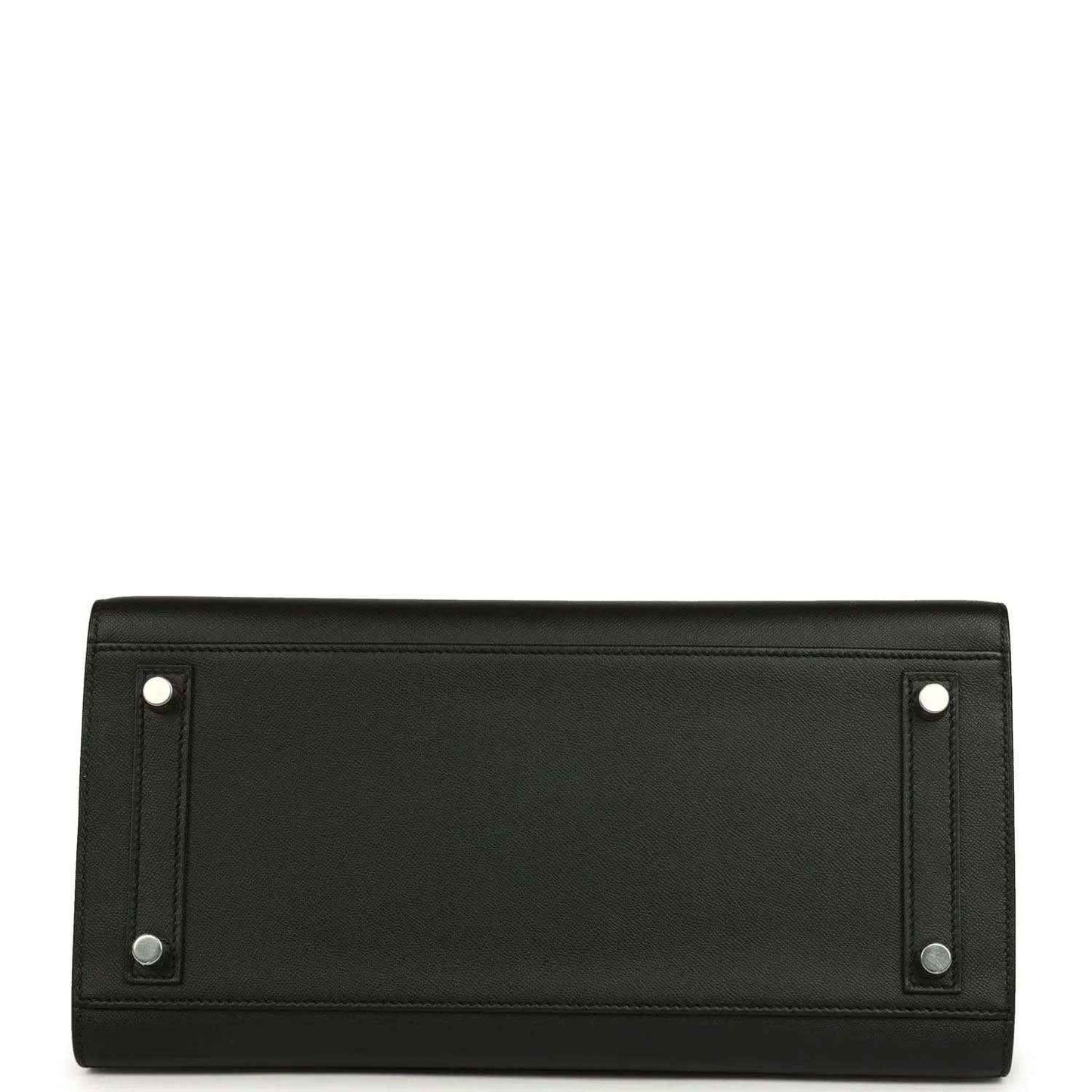 Black leather handbag bottom panel with metal corner tabs and stitching
